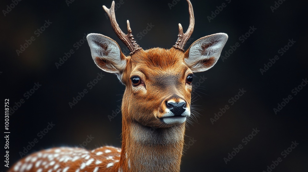 A deer with antlers is standing in front of a dark background A deer with antlers is standing in front of a dark background