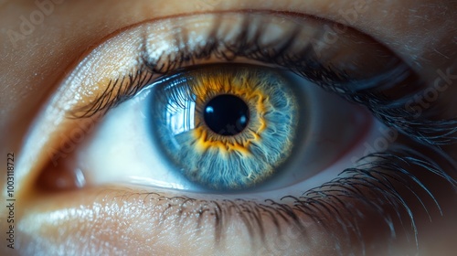 A close up of a person's eye with a blue iris and a yellowish tint