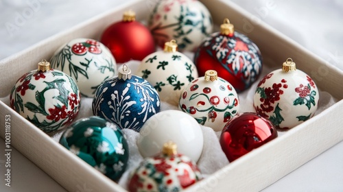 Box of vintage Christmas ornaments with delicate designs, nestled in tissue paper, ready for decorating, soft festive lighting 