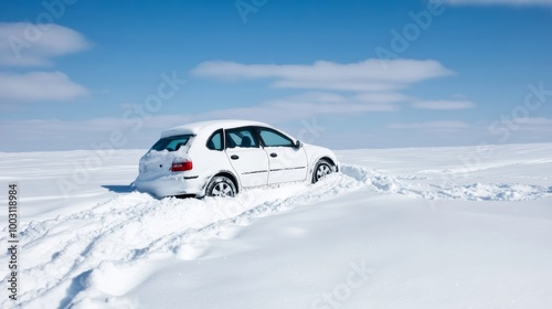 Car stuck in deep snow with spinning wheels winter travel difficulties  photo