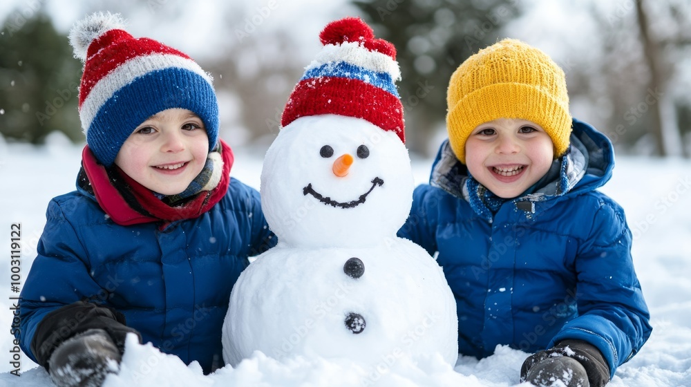 Children building snowmen and sledding at a winter resort playful winter activities Children building snowmen and sledding at a winter resort playful winter activities