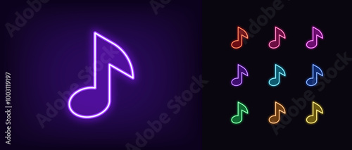 Outline neon music note icon set. Glowing neon musical note shape, outline silhouette. Melody sound, audio podcast record, musical show and game, music festival, karaoke, disco party. Vector icons
