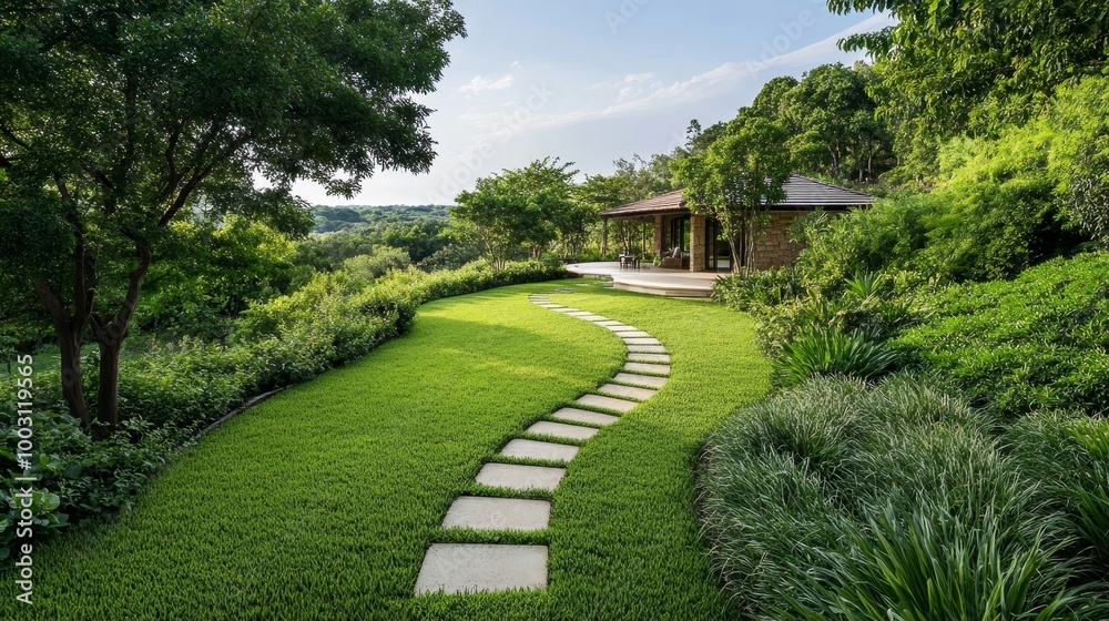 Tranquil Landscape with Pathway and Modern House Tranquil Landscape with Pathway and Modern House