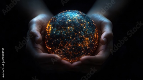 Illuminated Connections: A World of Network in Hands. Hands cradling a globe with intricate connections that mimic a network or a brain's neural paths. Global connectivity, the future of technology
