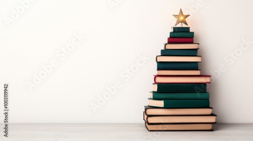 Wallpaper Mural Christmas tree shaped from stacked vintage books with small candle lights glowing on white background isolated  Torontodigital.ca