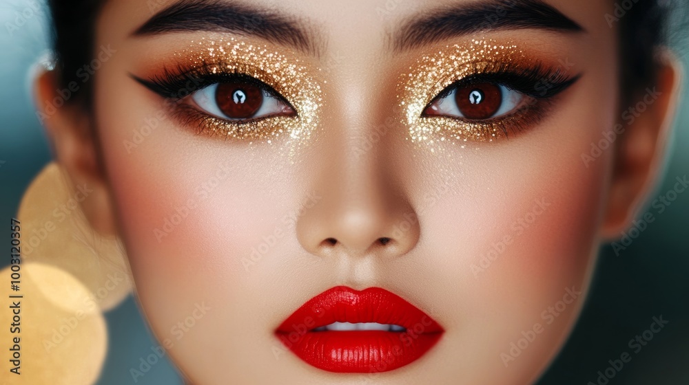 Close-up of a Thai woman's face with delicate, intricate makeup featuring gold shimmer and red lips Close-up of a Thai woman's face with delicate, intricate makeup featuring gold shimmer and red lips