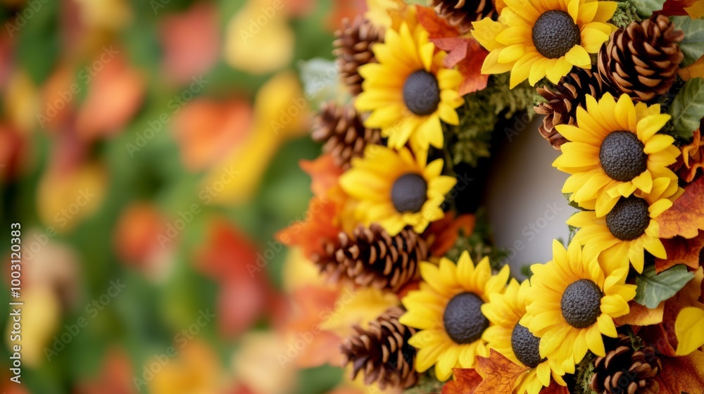 Φωτογραφία Close-up of a Thanksgiving wreath with sunflowers, fall leaves, and pinecones ha