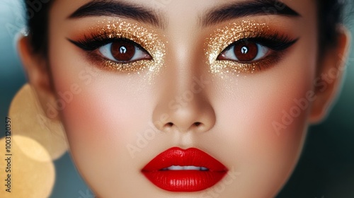 Close-up of a Thai woman's face with delicate, intricate makeup featuring gold shimmer and red lips 