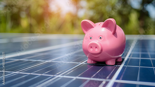 Piggy bank on solar panel. Energy affordability, solar incentives finance. Energy crisis, solar energy stock.