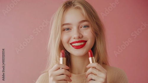 Blogger holds two red lipsticks. photo