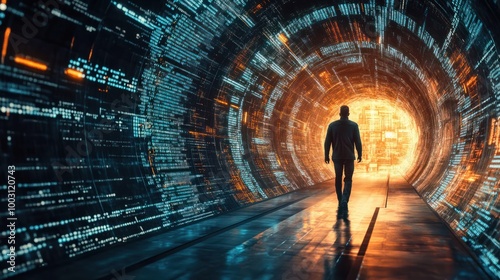 Man walking in futuristic technology tunnel with computer code