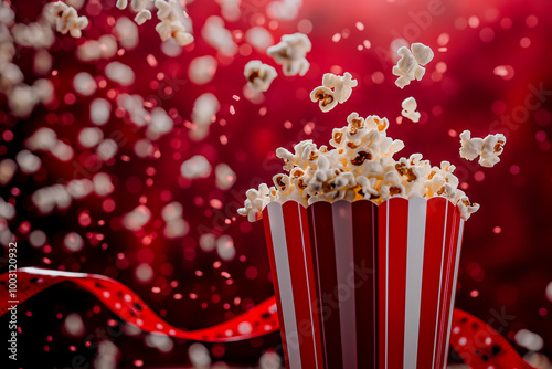 Fresh popcorn flying out of red striped box against festive red background, capturing the excitement and fun of movie nights and entertainment in a cinematic scene photo