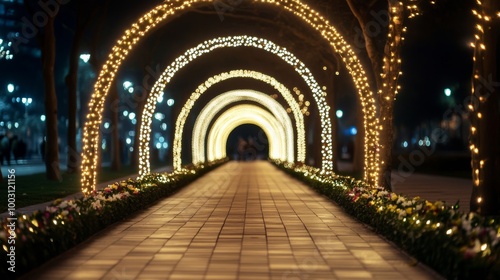 Connaught Place adorned with Diwali lights, illuminated arches, and floral decorations as people gather for the festival  photo