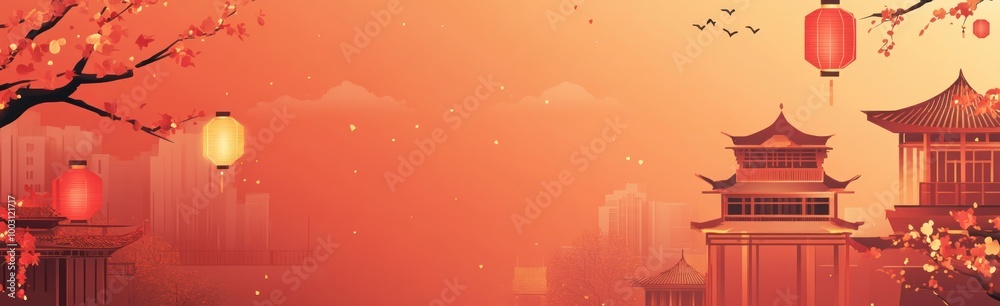 Chinese New Year background with lanterns, flowers and temple Chinese New Year background with lanterns, flowers and temple
