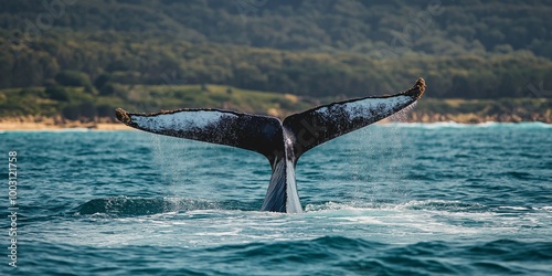 A whale is swimming in the ocean with its tail flapping. The tail is spraying water into the air photo