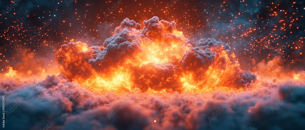 stunning hologram display of explosion with vibrant flames and fiery clouds, creating dramatic and intense atmosphere. scene captures raw power of fire and smoke stunning hologram display of explosion with vibrant flames and fiery clouds, creating dramatic and intense atmosphere. scene captures raw power of fire and smoke