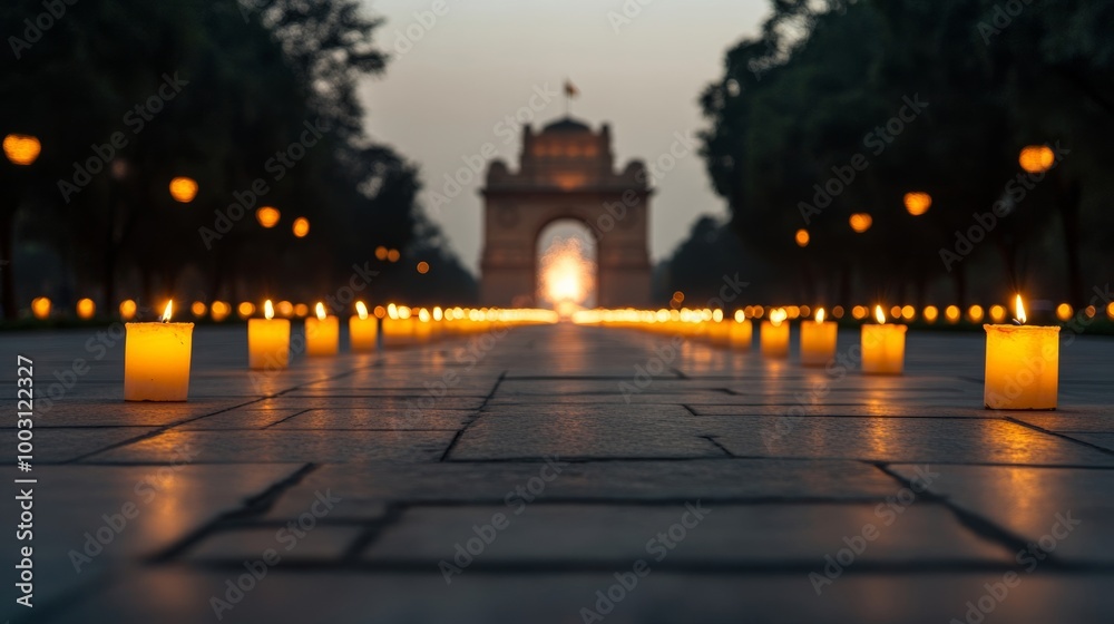 Obraz premium Diwali lanterns and lights illuminating India Gate as fireworks explode in the distance symbolizing hope and joy 