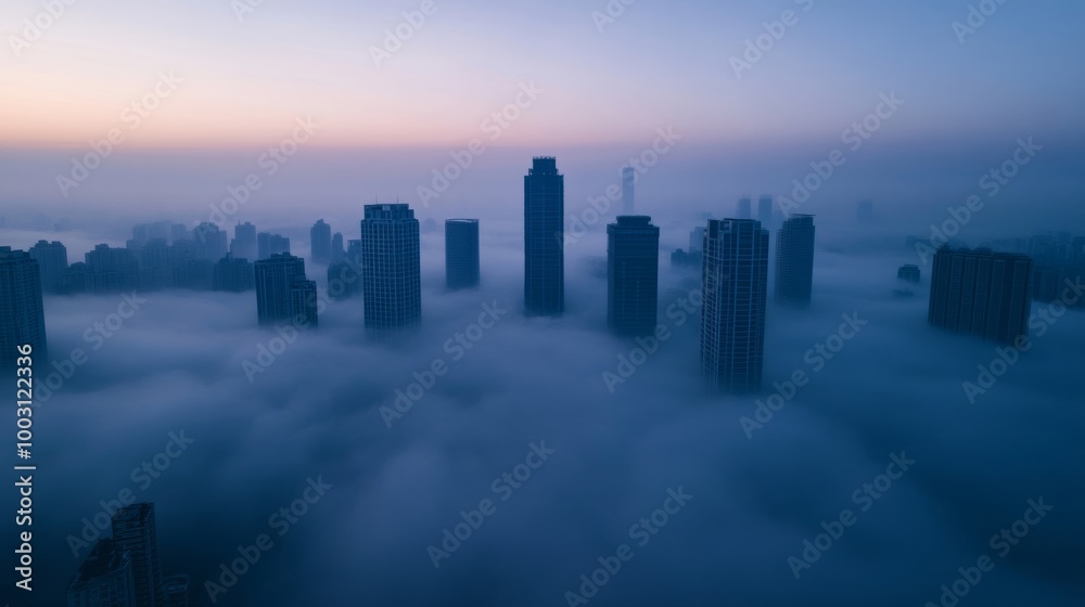 Drone view of a city under a thick blanket of smog air quality crisis Drone view of a city under a thick blanket of smog air quality crisis