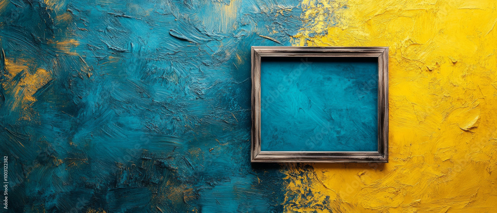 vibrant abstract background featuring textured blend of turquoise and yellow paint, with empty wooden frame positioned on left side, inviting creativity and imagination vibrant abstract background featuring textured blend of turquoise and yellow paint, with empty wooden frame positioned on left side, inviting creativity and imagination