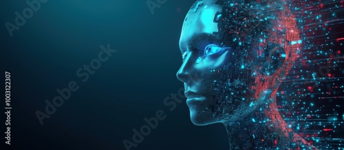 Futuristic AI humanoid face with digital data streams