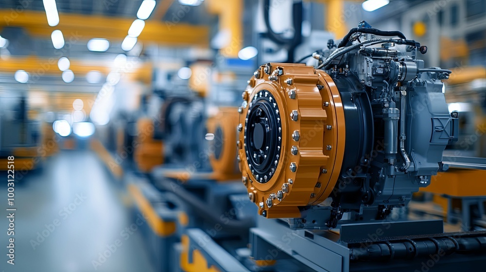 Industrial Machinery Gearbox Close-Up in Factory Setting Industrial Machinery Gearbox Close-Up in Factory Setting