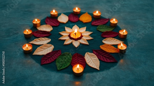 Elaborate Rangoli design featuring lotus flowers and diya candles around the edges glowing with festive warmth  photo