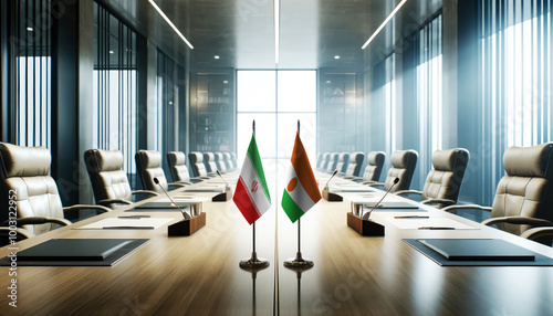 A modern conference room with Iran and Niger flags on a long table, symbolizing a bilateral meeting or diplomatic discussions between the two nations. photo