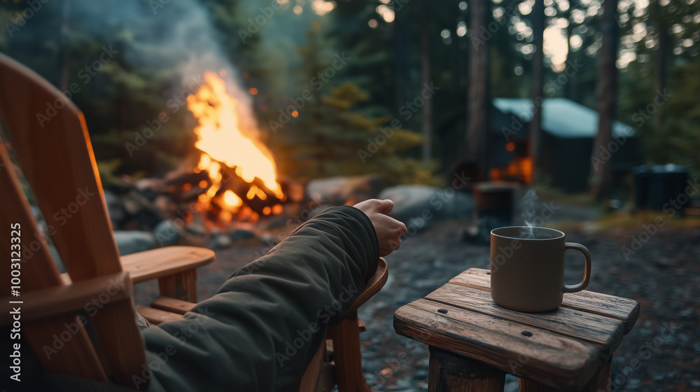 Cozy Outdoor Scene with Campfire and Hot Drink Cozy Outdoor Scene with Campfire and Hot Drink
