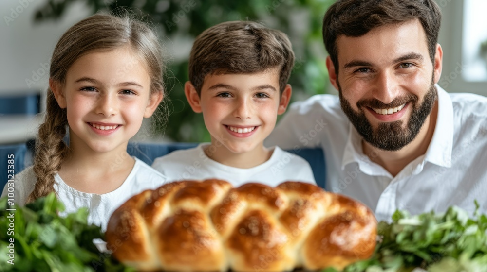 Family gathered around a Yom Kippur break-fast meal with challah, salads, and light dairy dishes peaceful celebration 