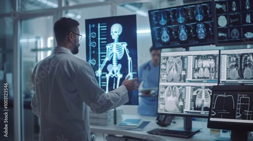 A radiologist in a lab coat analyzing x-ray images on multiple monitors, showcasing expertise in medical imaging.