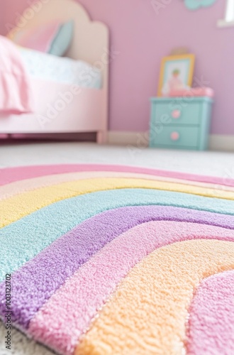 Photo of a girl's bedroom with a rainbow rug, featuring pink and purple pastel colors.