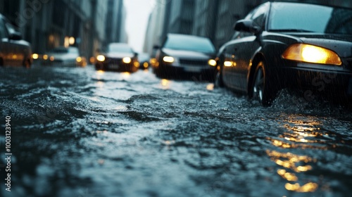 Flash flood rushing through a city street with cars partially submerged under torrential rain extreme weather event 