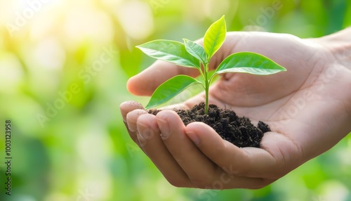 Nurturing Nature: A Gloved Hand Cradles a Delicate Plant in a Close-Up Perspective