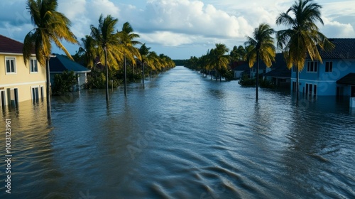 Flash flood striking a coastal town with homes and businesses underwater oceanfront disaster 