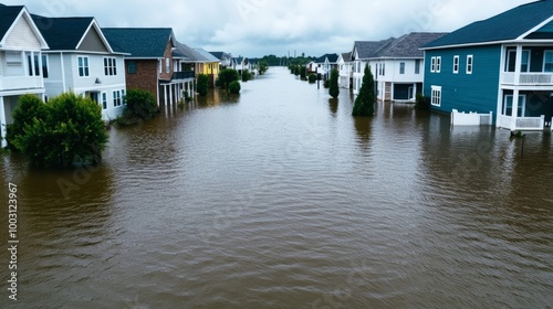 Flash flood striking a coastal town with homes and businesses underwater oceanfront disaster 