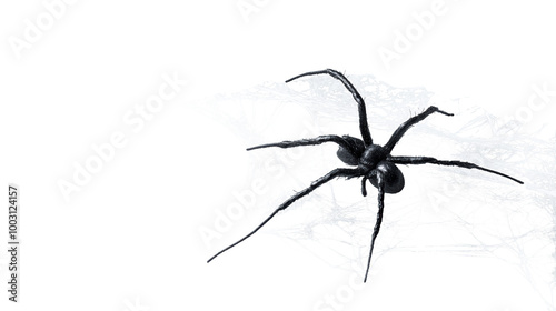 Halloween black spider on web, transparent background