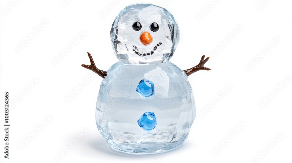 Frosty snowman made of crystal-clear ice with glowing blue core, isolated on white background Frosty snowman made of crystal-clear ice with glowing blue core, isolated on white background