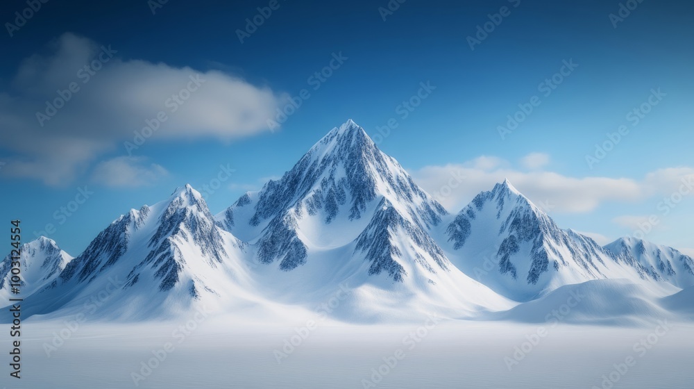 Frozen mountain range, sharp icy peaks towering over the vast, snow-covered valleys, frigid winds swirling in the air Frozen mountain range, sharp icy peaks towering over the vast, snow-covered valleys, frigid winds swirling in the air