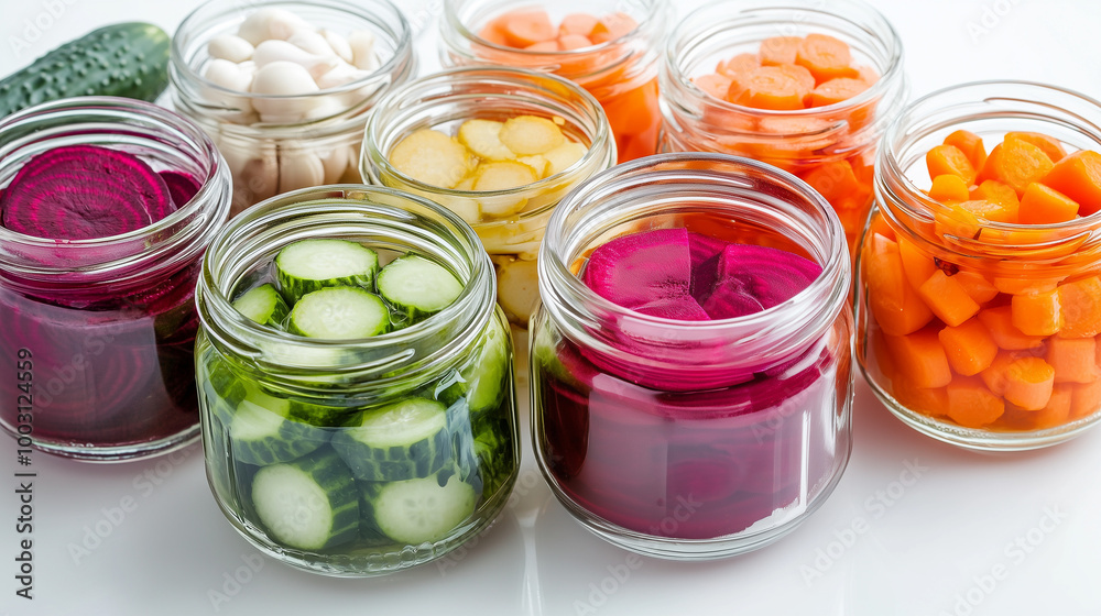 Colorful Preserved Food in Glass Jars on White Background Colorful Preserved Food in Glass Jars on White Background