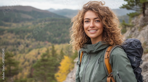 Portrait of a Woman Hiking in the Mountains, Smiling with Curly Hair, Overlooking a Valley