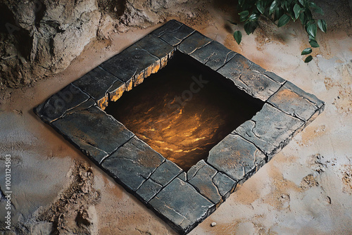 Hyper-realistic square mine portal drawing with repetitive geometric design and stone textures, creating a deep tunnel effect in black and white shading. photo