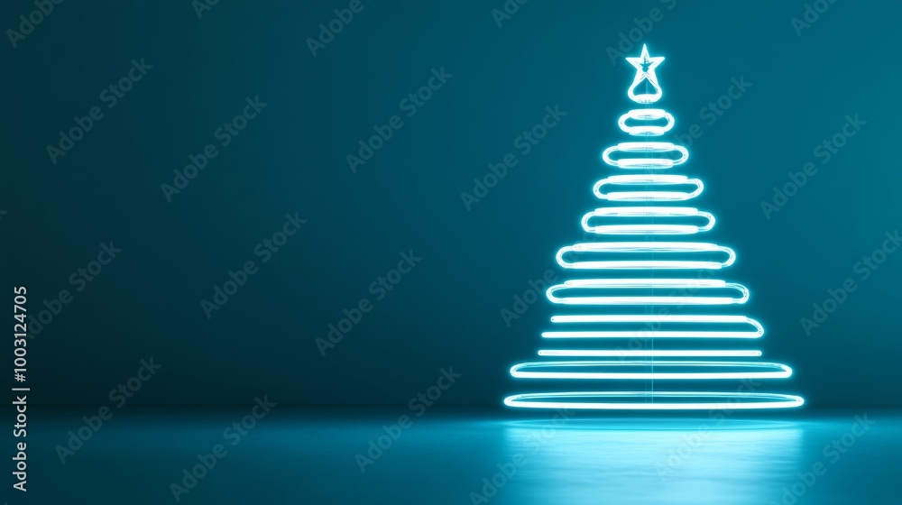Fototapeta premium Futuristic Christmas tree crafted from neon tubes and transparent glass spheres isolated on a gradient blue background 
