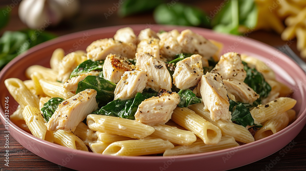 Creamy Chicken and Spinach Pasta on a Pink Plate, Penne Pasta Creamy Chicken and Spinach Pasta on a Pink Plate, Penne Pasta