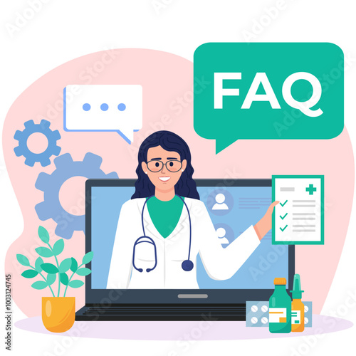 FAQ on the website of a medical clinic, a female doctor in a lab coat and with a stethoscope - ready to answer questions