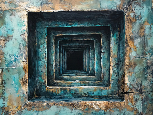 Hyper-realistic square mine portal drawing with repetitive geometric design and stone textures, creating a deep tunnel effect in black and white shading. photo