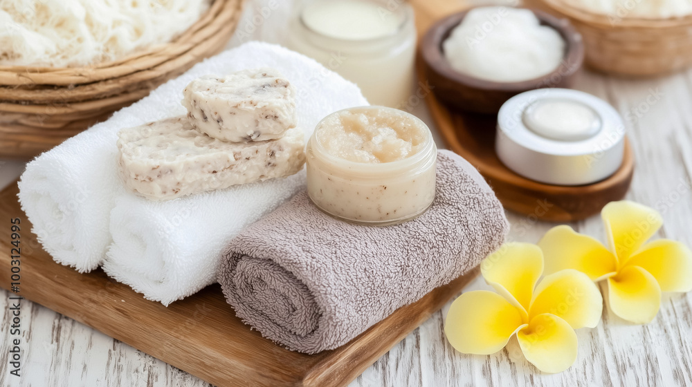 A spa setup featuring stacked beige towels, a soap dish, and candles on a wooden surface. The warm, neutral colors create a peaceful, inviting ambiance for relaxation. A spa setup featuring stacked beige towels, a soap dish, and candles on a wooden surface. The warm, neutral colors create a peaceful, inviting ambiance for relaxation.