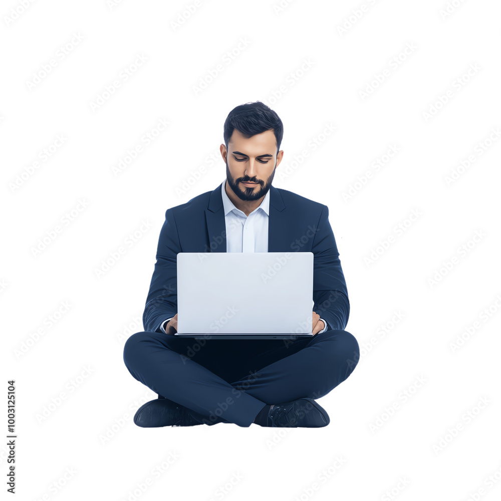 Businessman working on laptop, sitting cross-legged, white isolated background. transparent background Businessman working on laptop, sitting cross-legged, white isolated background. transparent background