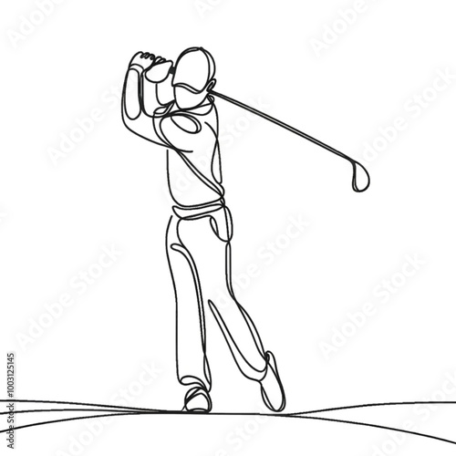 Continuous line drawing of a golfer swinging on a white background, AI Generation