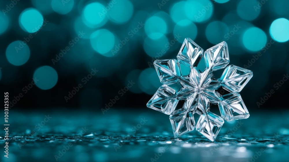 Hexagonal snowflake with unusual spikes and swirls, icy textures illuminated on a bright, glowing cyan gradient 