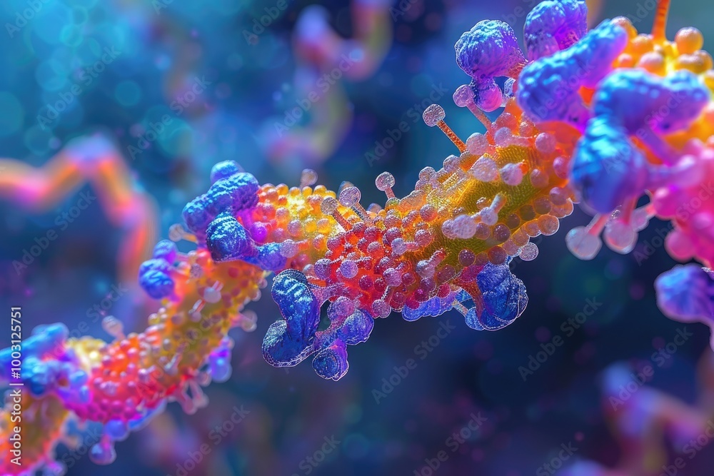 Naklejka premium Abstract colorful organic structure with spiky protrusions resembling a microscopic organism.